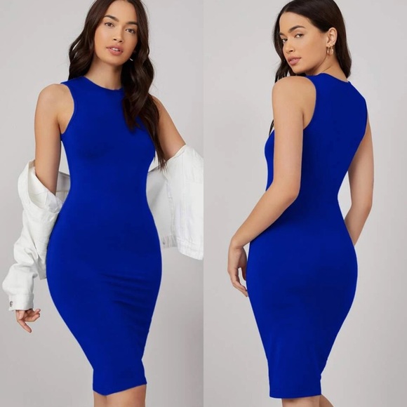 Minimalist high neck bodycon midi dress mocha tan - Picture 9 of 11